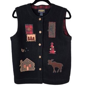 Vintage Woolrich Vest Women's M Black Boiled Wool Applique Moose Cabin Rustic